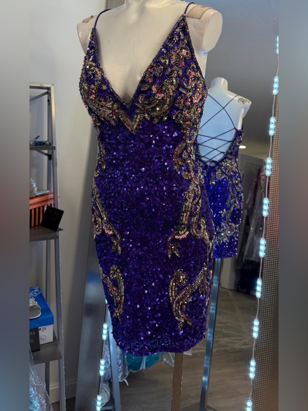 Primavera Couture Purple Sequin Embellished Mini Dress